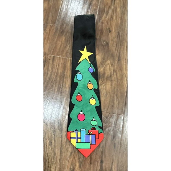 Vintage Christmas Necktie Black Christmas Tree big star - Picture 2 of 5
